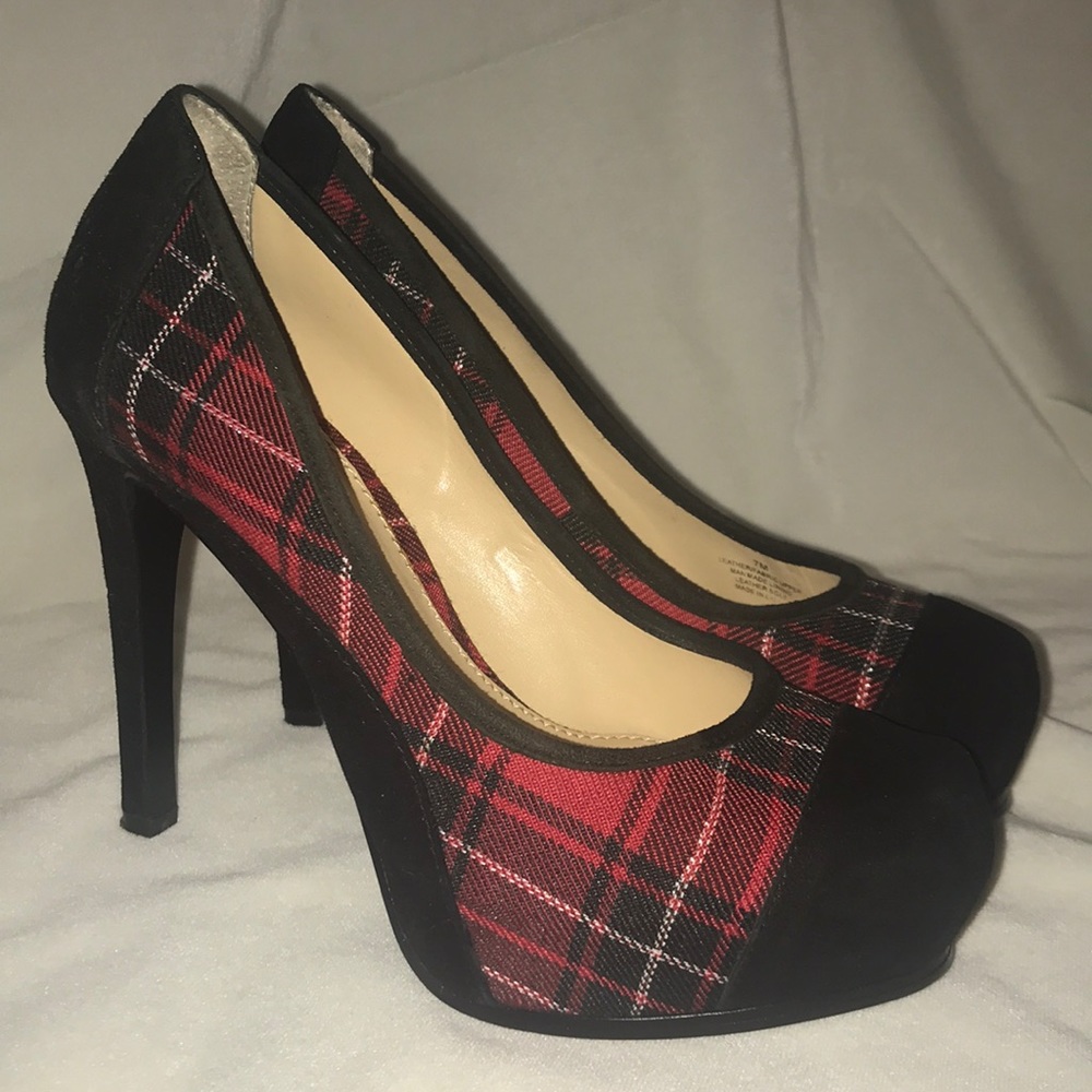 Gianni Bini plaid and suede high heel shoes